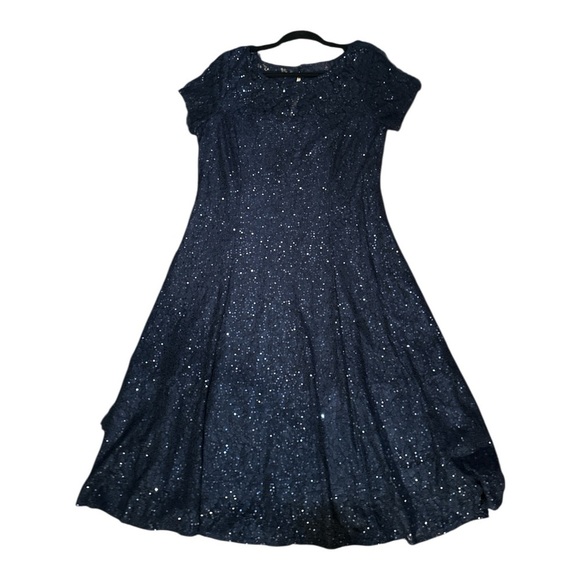 SLNY Navy Sequin Fit & Flare Dress Size 12P NWT - Picture 3 of 13